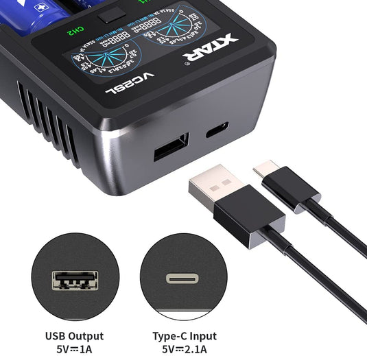 XTAR VC2SL 2 Bay USB-C Smart Battery Charger LCD Display XTAR