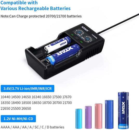 XTAR VC2SL USB Powered Smart Charger + Two Olight 18650 Batteries 2600/3200/3600/3600 - KC Outdoors