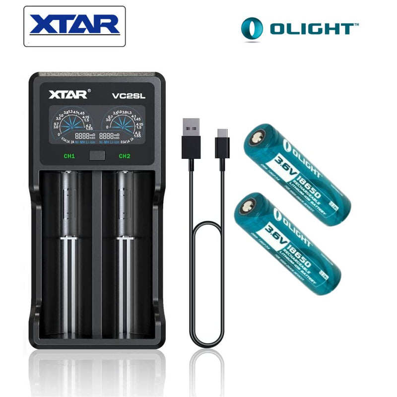 Load image into Gallery viewer, XTAR VC2SL USB Powered Smart Charger + Two Olight 18650 Batteries 2600/3200/3600/3600 - KC Outdoors
