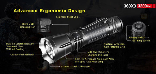 Klarus 360X3 3200 lumen tactical rechargeable LED flashlight KLARUS