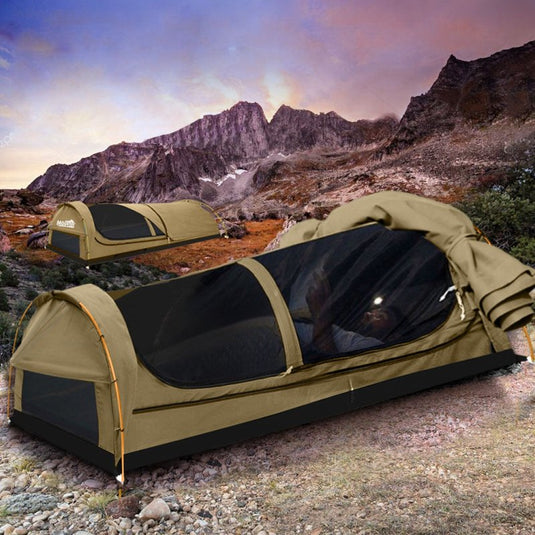 Mountview King Single Swag Camping Swags Canvas Dome Tent Hiking Mattress Khaki - KC Outdoors