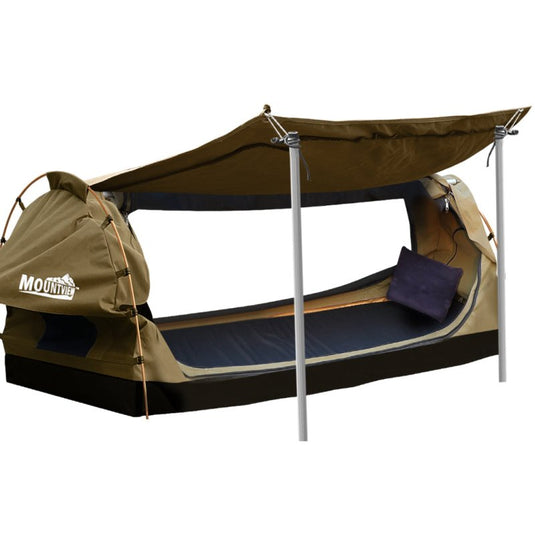 Mountview King Single Swag Camping Swags Canvas Dome Tent Free Standing Khaki - KC Outdoors