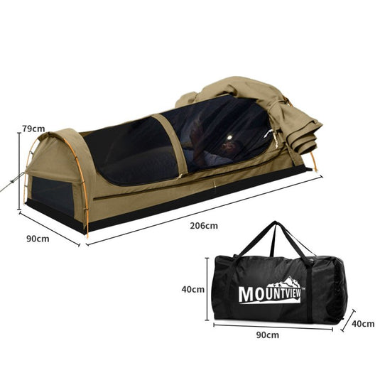 Mountview King Single Swag Camping Swags Canvas Dome Tent Hiking Mattress Khaki - KC Outdoors