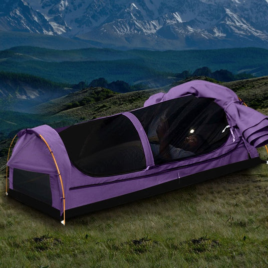 Mountview King Single Swag Camping Swags Canvas Dome Tent Hiking Mattress Purple - KC Outdoors
